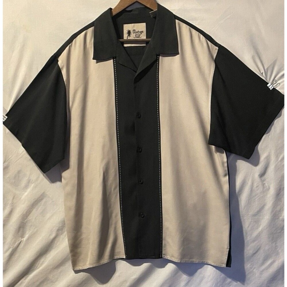 Vintage Silk Circa 1969 Silk Black/Cream Colorblock Mens Shirt XXL Bowling 50's